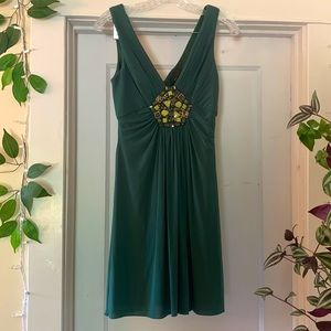 BCBG Maxazria sage green beaded front v-neck mini dress